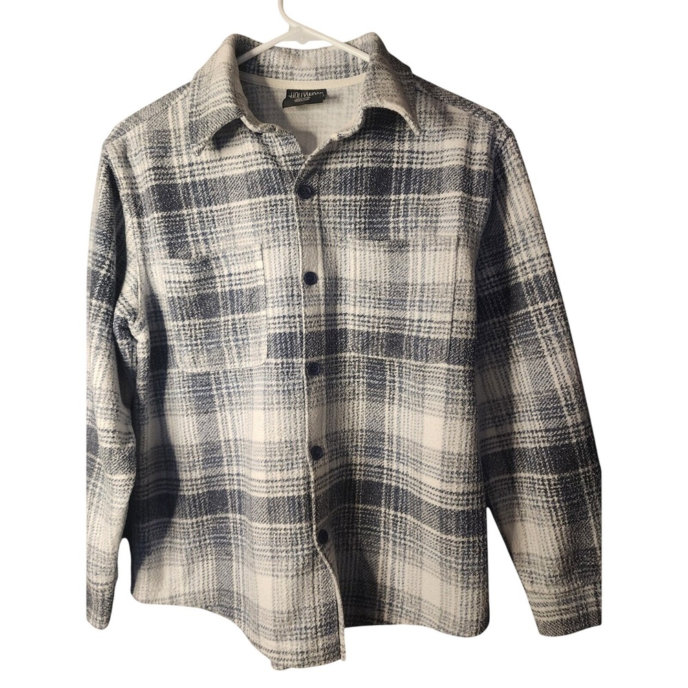 Hollywood The Jean People Boys Plaid Flannel Shirt Navy Blue White Size M 10/12